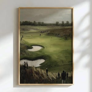 Póster de arte de pared de campo de golf vintage, verde oscuro neutro, imprimible, descarga digital, decoración de cueva de hombre, regalo para pequeños golfistas amantes del golf.