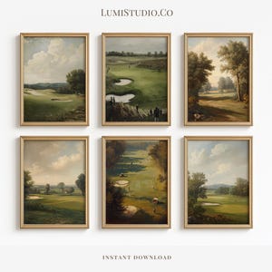 Juego de 6 cuadros de golf vintage en verde oscuro para pared, con impresiones neutras, para imprimir, con un elegante diseño de golfista pequeño, minimalista, ideal como regalo para un amante del golf.