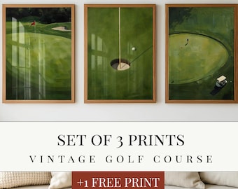 Vintage golfbaan muurkunst set van 3 – donkergroen neutrale prints afdrukbare digitale download Man Cave Golf Lover Gift