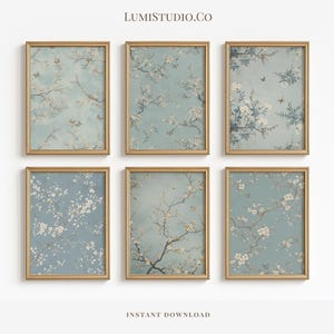 Light blue chinoiserie art set of 6 vintage asian silk tapestry print birds flowers japanese textile coquette printable last minute gift