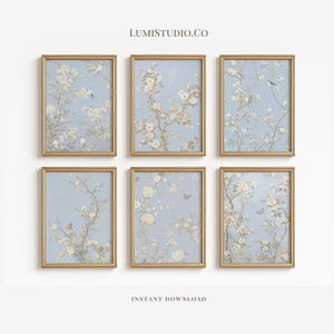 Blue Chinoiserie Wall Art Set of 6 – Vintage Asian Silk Tapestry Prints ...