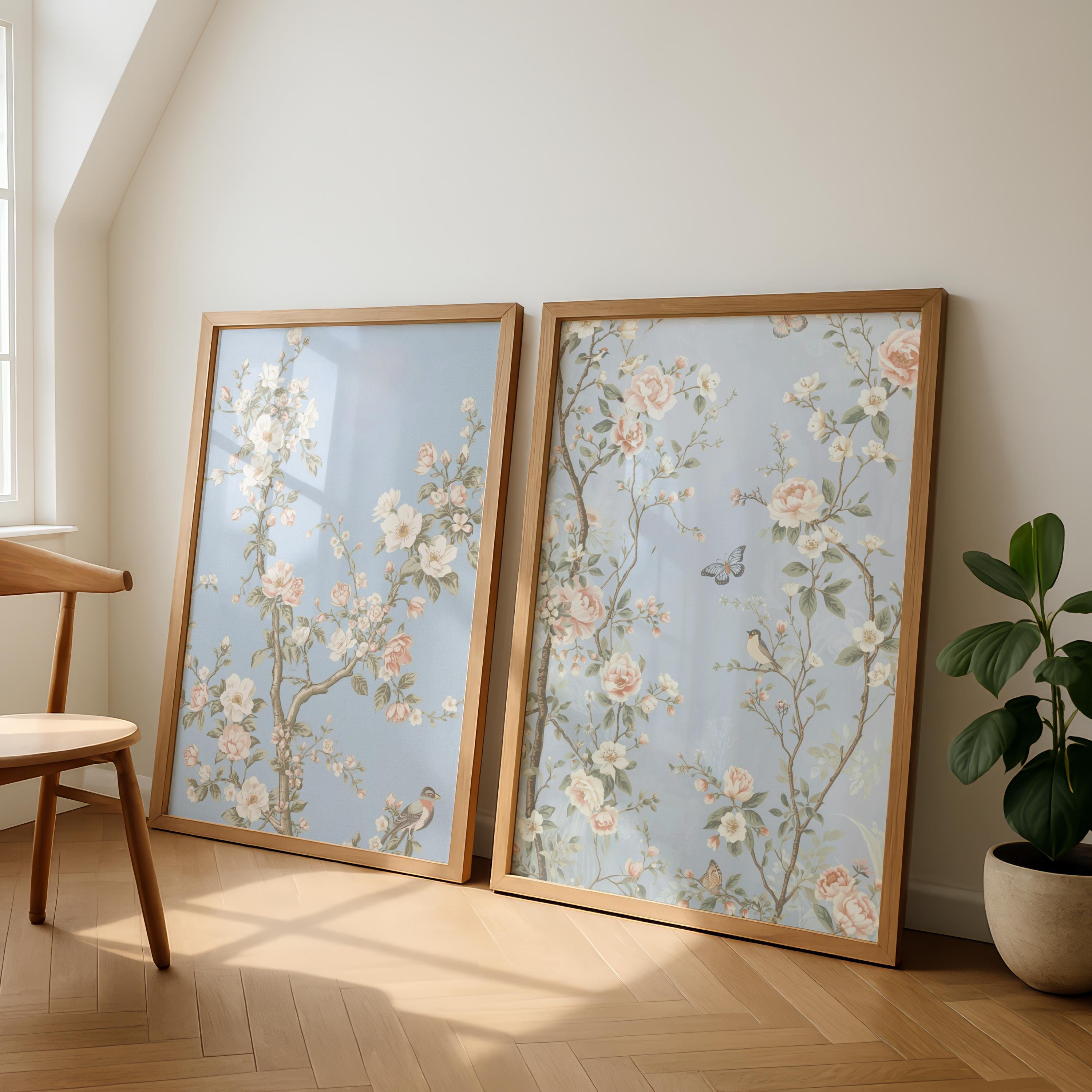 Blue Chinoiserie Wall Art Set of 6 – Vintage Asian Silk Tapestry Prints ...