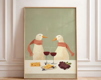 Wine and Cheese Goose Wall Art – Funny Quirky Duck Print with Red Wine Printable Digital Download Kitchen Dining Decor Gift