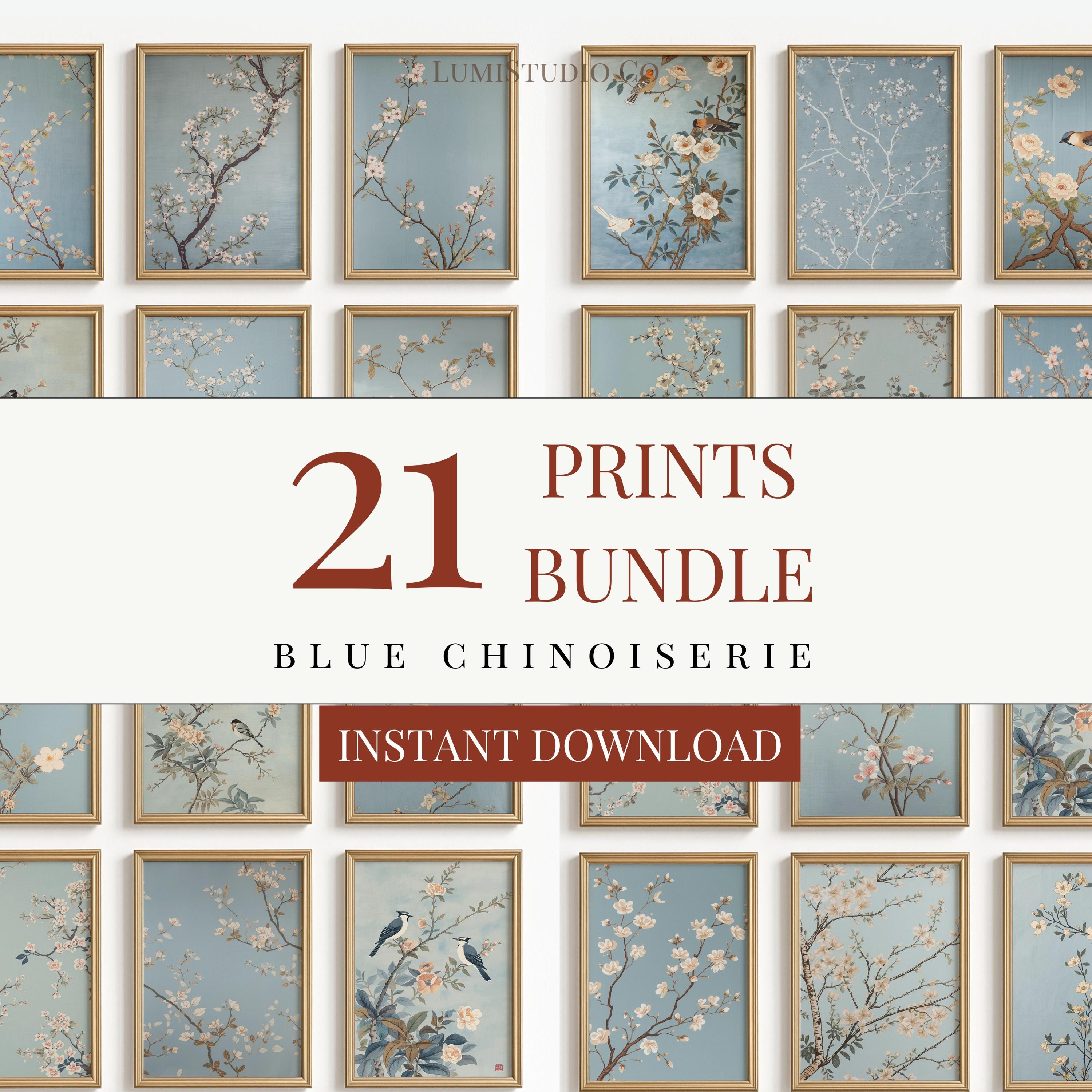 Blue Chinoiserie Wall Art Set of 21 – Neutral Japandi Prints Vintage ...