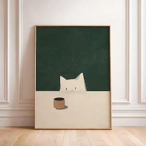 Sneaky Cat Kitchen Print – Scandi Minimalist Coffee Wall Art Printable Digital Download Funny Cat Breakfast Poster Cat Lover Gift