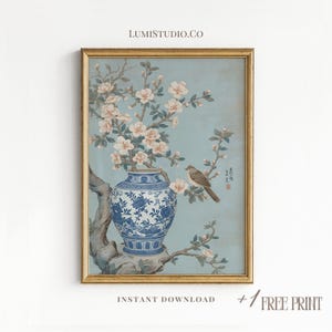 Light Blue Nursery Wall Art Printable Chinoiserie Japandi Birds Flowers Coquette Print Vintage Japanese Tapestry Drawing Asian Silk Textile