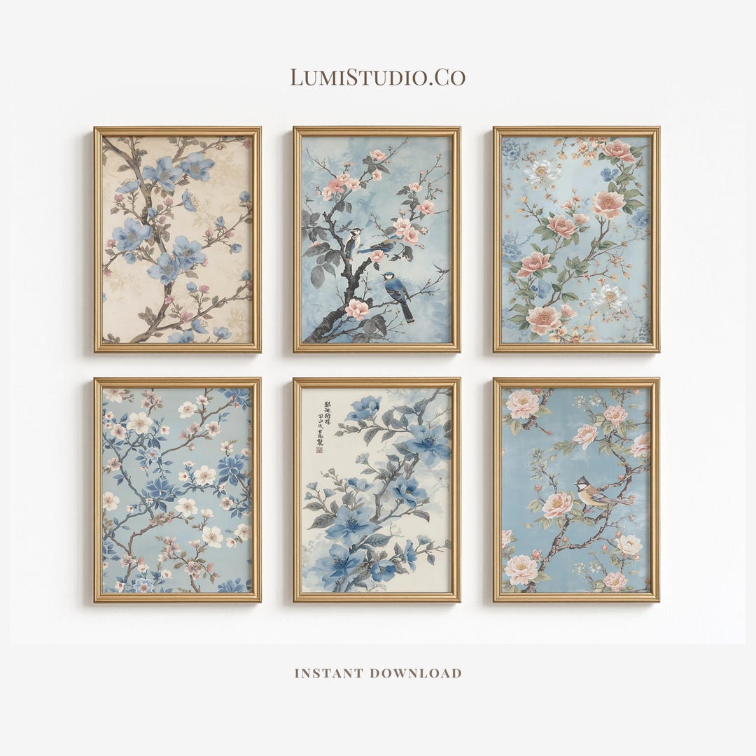 Blue Chinoiserie Wall Art Set of 6 Vintage Asian Silk Tapestry Prints ...