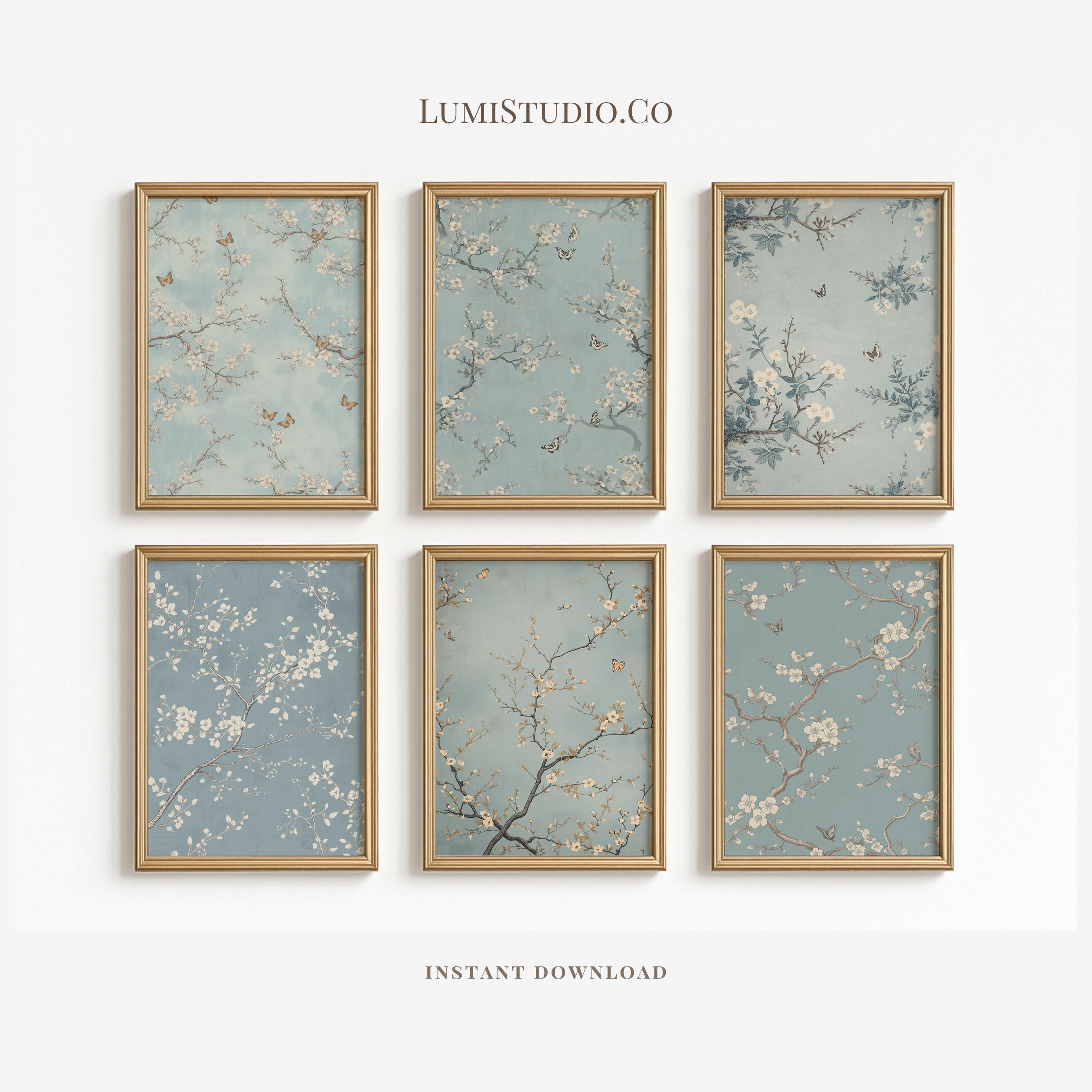 Light Blue Chinoiserie Art Set of 6 Vintage Asian Silk Tapestry Print ...