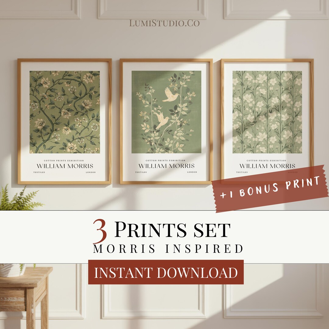 William Morris Inspired Wall Art Set of 3 Sage Green Floral Prints ...