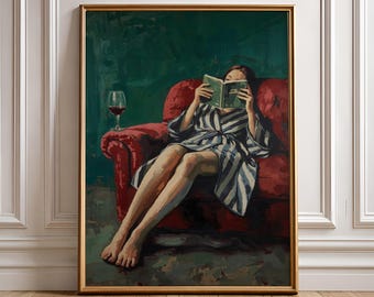Arte de pared imprimible de mujer leyendo verde esmeralda, pintura de amante del vino melancólico, pintura al óleo vintage, impresión de pared acogedora y elegante, descarga digital