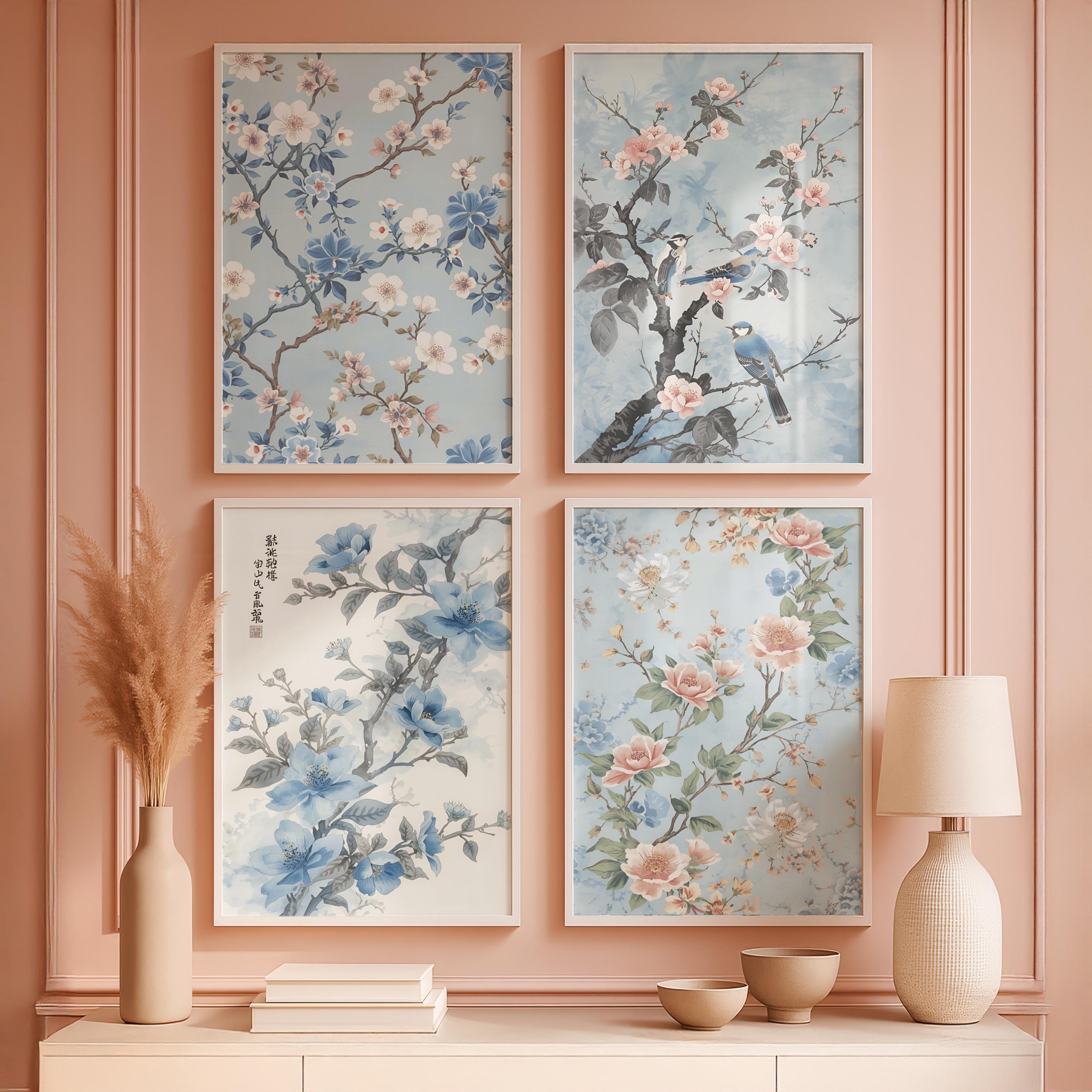 Blue Chinoiserie Wall Art Set of 6 Vintage Asian Silk Tapestry Prints ...