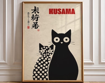Yayoi Kusama Inspired Cats Art Print Maximalist Japanese Modern Wall Art Colorful Gallery Living Room Decor Trendy Exhibition Gift Idea