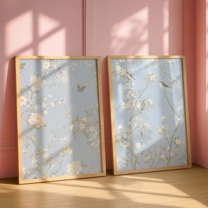 Blue Chinoiserie Wall Art Set of 6 – Vintage Asian Silk Tapestry Prints ...