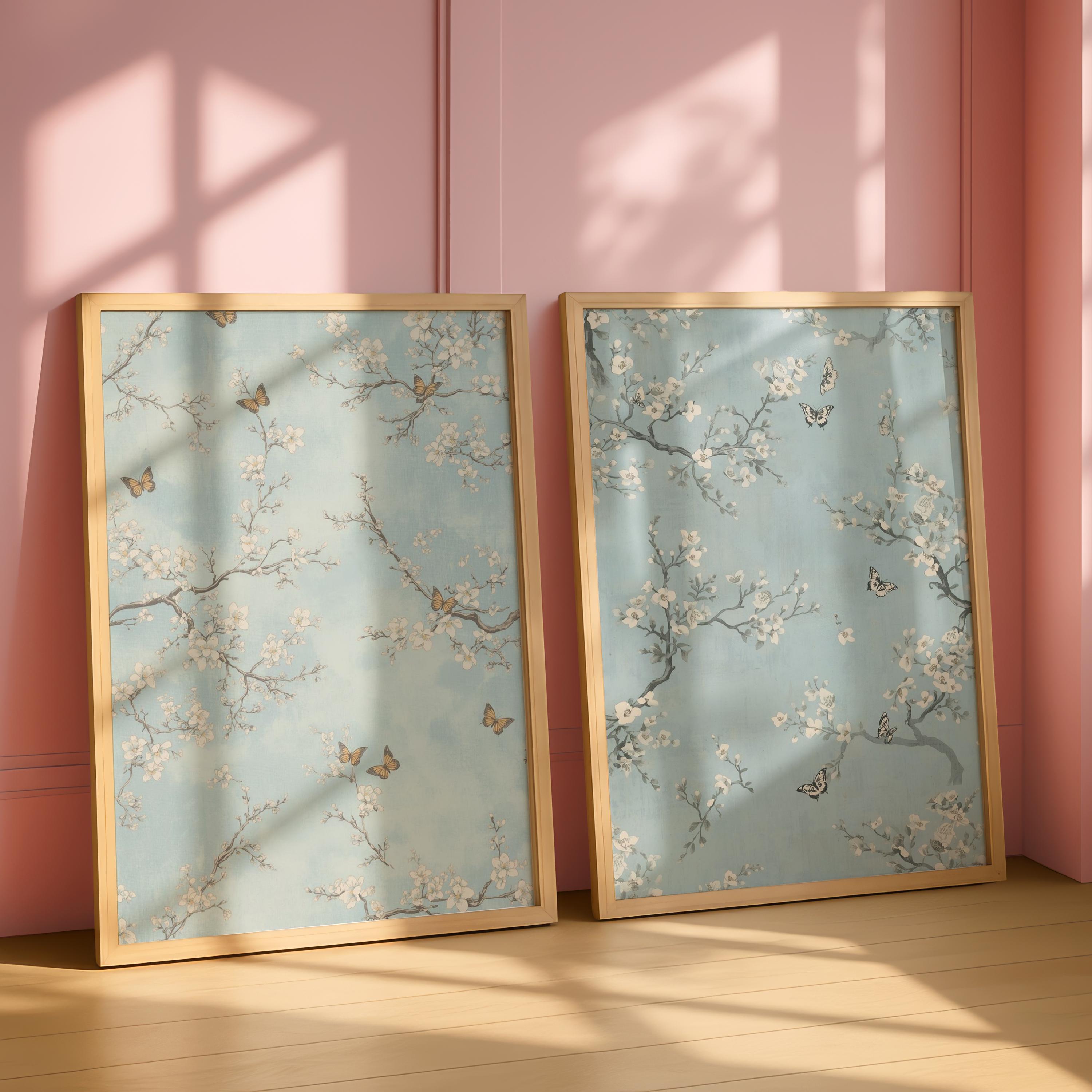 Light Blue Chinoiserie Art Set of 6 Vintage Asian Silk Tapestry Print ...