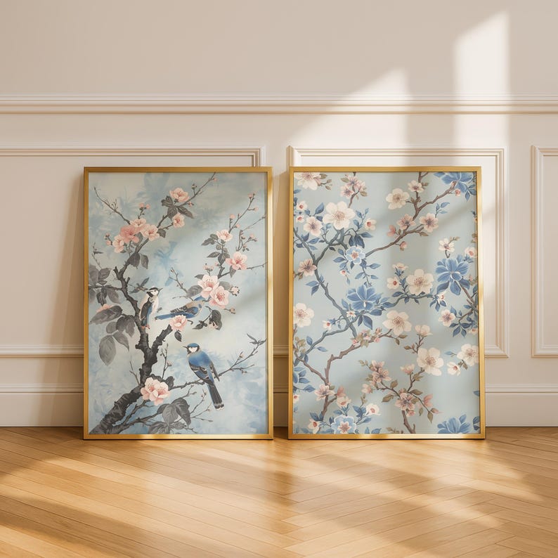 Blue Chinoiserie Wall Art Set of 6 Vintage Asian Silk Tapestry Prints ...