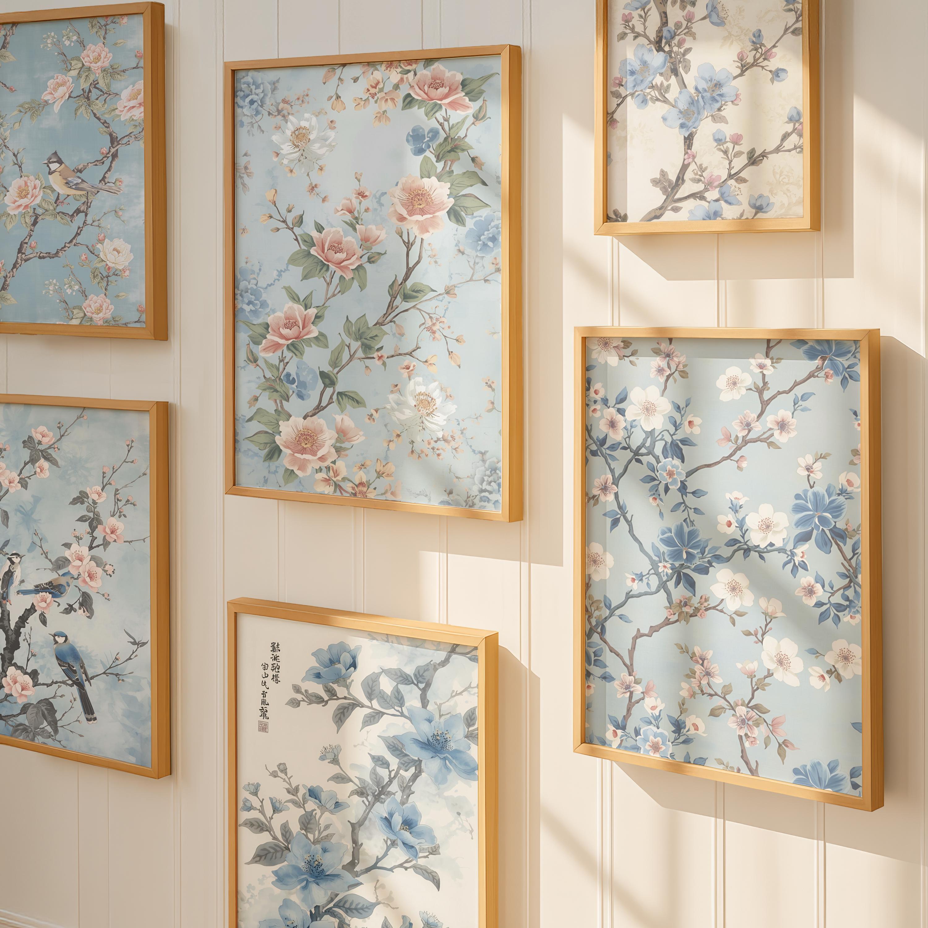 Blue Chinoiserie Wall Art Set of 6 Vintage Asian Silk Tapestry Prints ...