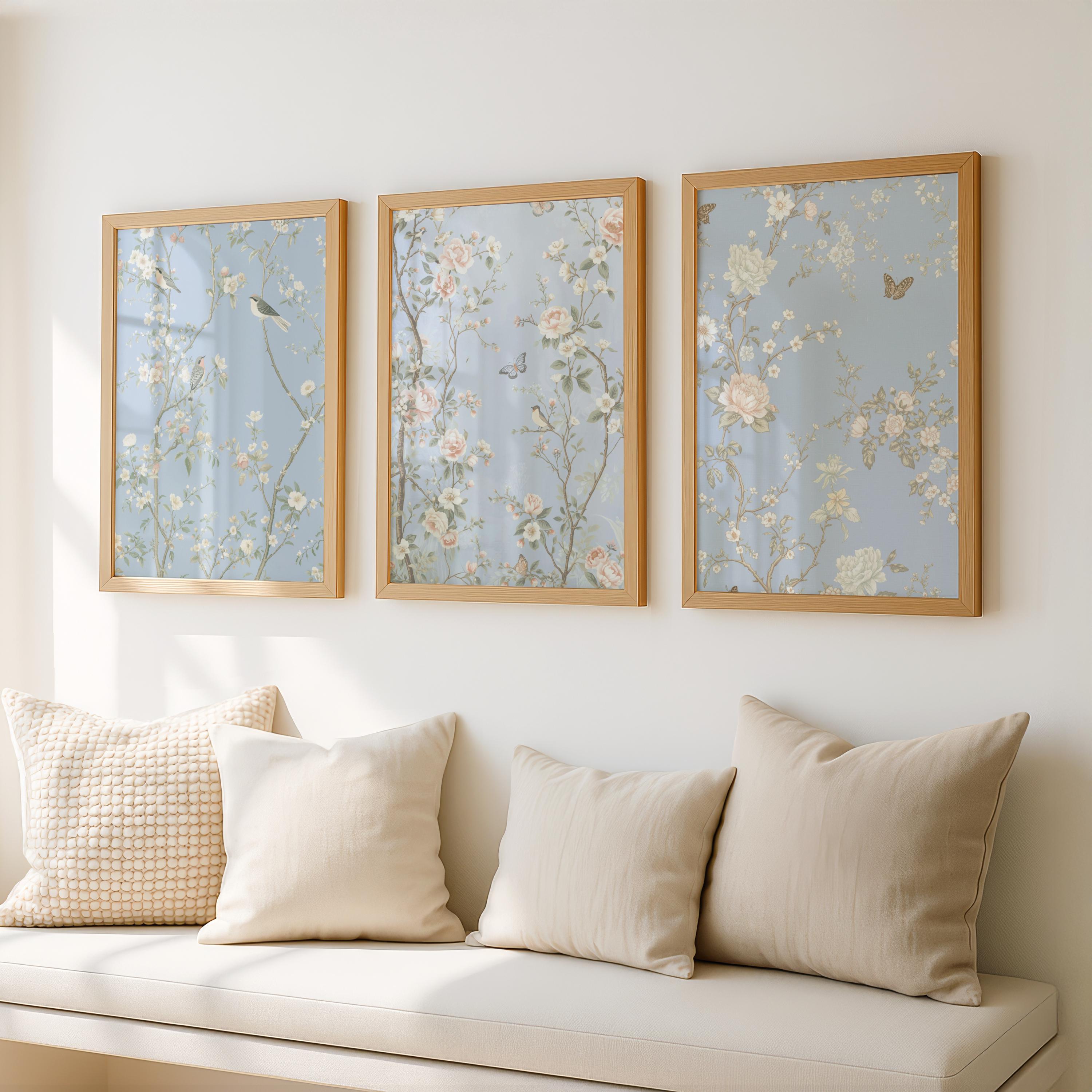 Blue Chinoiserie Wall Art Set of 6 – Vintage Asian Silk Tapestry Prints ...