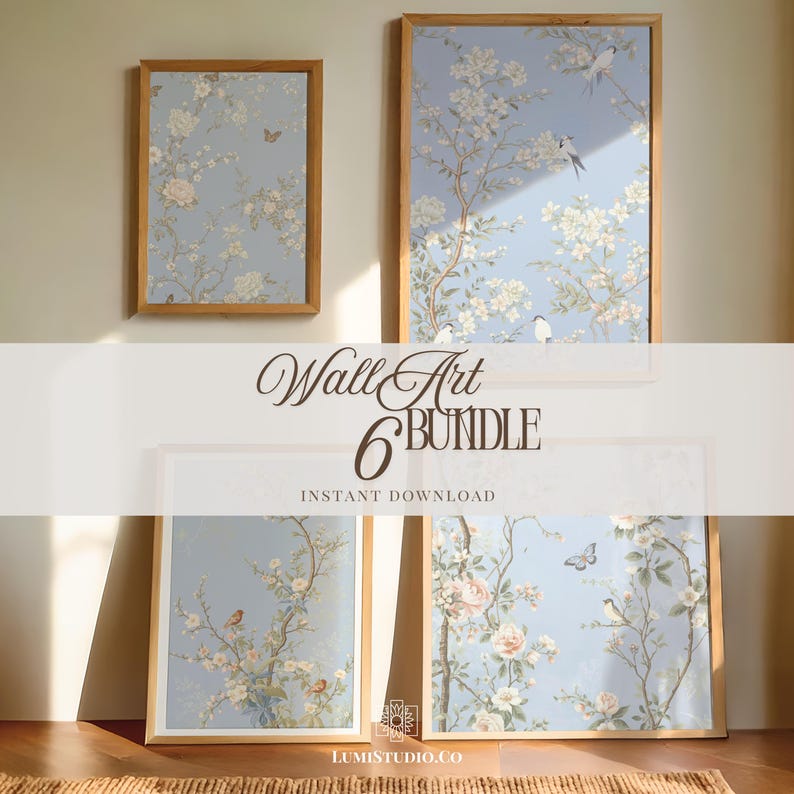 Blue Chinoiserie Wall Art Set of 6 – Vintage Asian Silk Tapestry Prints ...