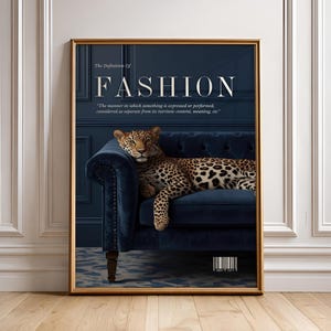 Navy Blue Leopard Print Trendy Apartment Wall Decor Preppy Girl Bedroom Printable Wall Art Chic Magazine Stylish Poster Modern Gift For Her