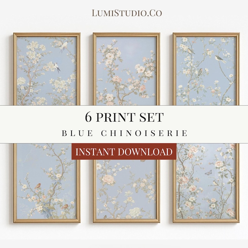 Blue Chinoiserie Wall Art Set of 6 – Vintage Asian Silk Tapestry Prints ...