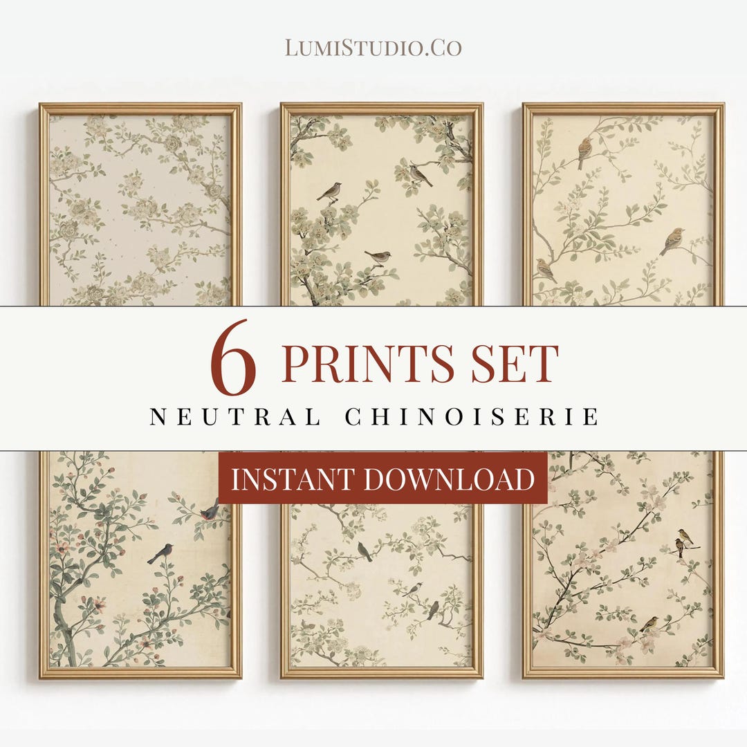 Sage Green Chinoiserie Wall Art Set of 6 – Vintage Birds Flowers Prints ...