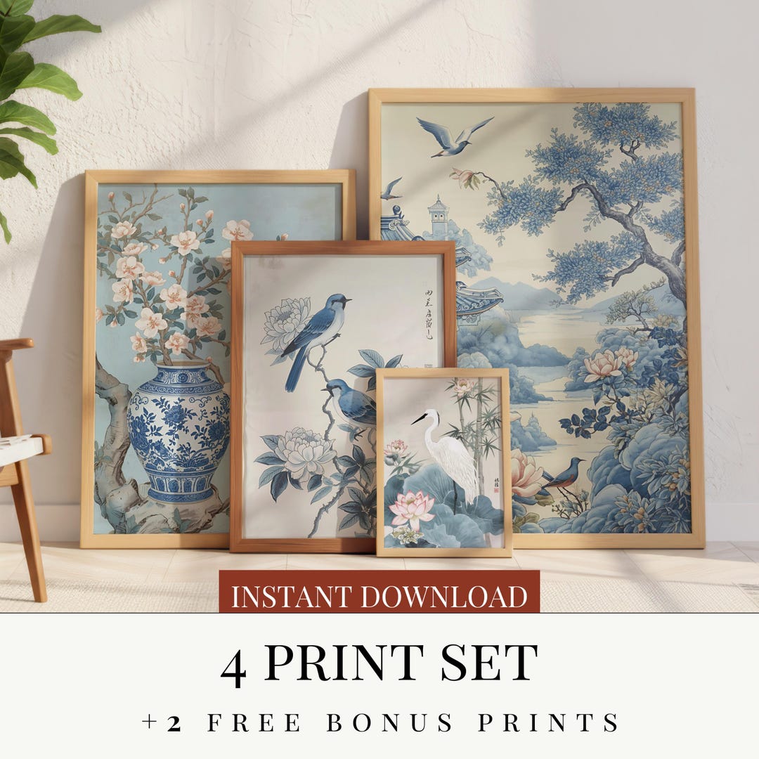 Blue Chinoiserie Wall Art Set of 4 Vintage Asian Silk Tapestry Prints ...