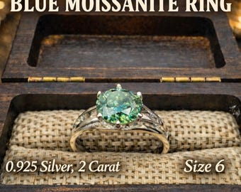Blue Moissanite Ring | 2 Carat Round Cut | Sterling Silver Ring | Size 6 | Engagement Style Statement Ring