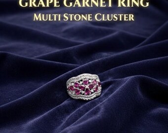 Vintage Style Sterling Silver Grape Garnet Ring | Multi Stone Cluster, Size 7