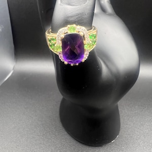 14k Gold ring, Amethyst Diamond, and Peridot Statement Ring, Size 7