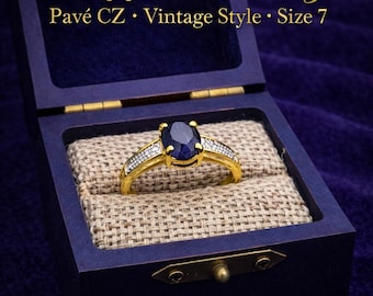 Gold Plated Sapphire Ring | Pavé CZ, Vintage Style - Size 7