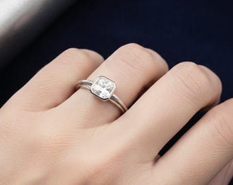 2.20 Carat Asscher Cut Moissanite Ring | Sterling Silver Bezel Setting, Size 7
