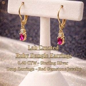 Lab Created Ruby Dangle Earrings – 0.40 CTW – Sterling Silver – Drop Earrings – Red Gemstone Jewelry