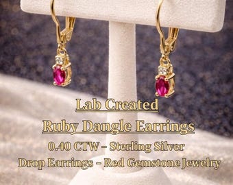 Lab Created Ruby Dangle Earrings – 0.40 CTW – Sterling Silver – Drop Earrings – Red Gemstone Jewelry