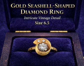 Gold Seashell shaped Diamond Ring Size is just under 6.5, Intricate Vintage Detail