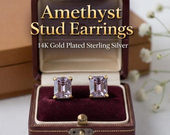 Emerald Cut Amethyst Stud Earrings, 14K Gold Plated Sterling Silver