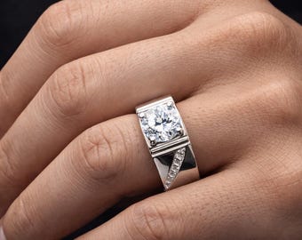 Men's 2 Carat Simulated Diamond Ring | 925 Silver, White Gold Overlay, Size 10.5