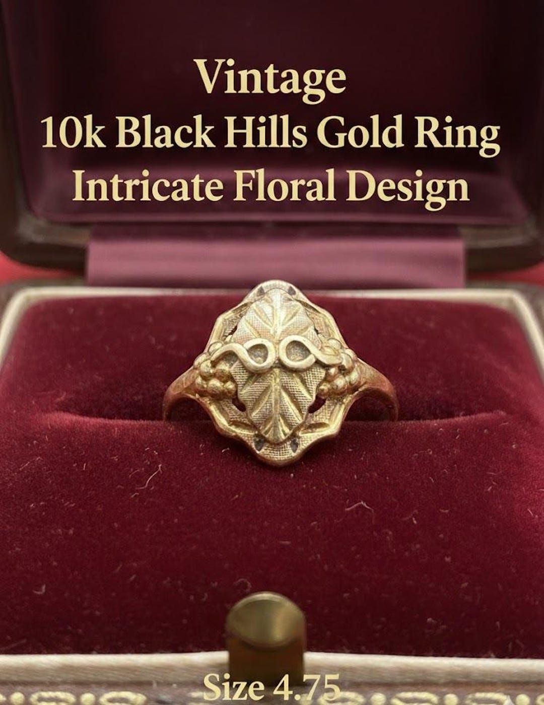 Vintage 10k Black Hills Gold Ring, Size 4.75, Intricate Floral