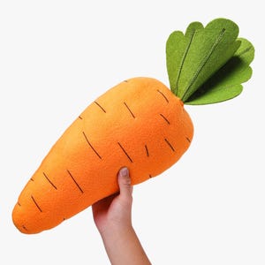 May include: An orange plush carrot with green felt leaves. The carrot has black stitched lines and is held up against a white background. This decorative item is a fun, whimsical addition to any room.