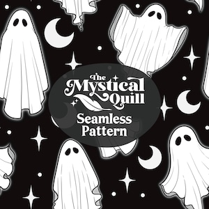 May include: A seamless pattern with white ghosts, crescent moons, and stars against a black backdrop. The text "The Mystical Quill Seamless Pattern" is displayed in a circular design. Ideal for Halloween or spooky-themed projects.