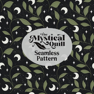 Puede incluir: Patrón sin costuras con fondo oscuro, lunas crecientes blancas, estrellas y vides de hojas verdes. El diseño incluye un óvalo con el texto "The Mystical Quill Seamless Pattern" en una fuente decorativa.