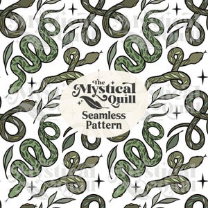 May include: Seamless pattern featuring stylized green snakes, leaves, and stars on a white background. The snakes have a detailed scale pattern. The text "The Mystical Quill Seamless Pattern" is in a circular design.