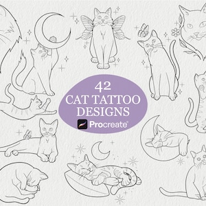 Può includere: Una collezione di 42 disegni di tatuaggi di gatti in arte lineare nera. I disegni includono varie pose di gatti, come seduti, che si allungano e dormono, insieme a elementi celesti come lune e stelle. Il testo "42 CAT TATTOO DESIGNS" è visualizzato in un ovale viola.