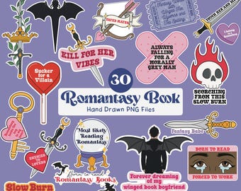 30 arquivos PNG de livros de Romantasy | Adesivos digitais | Arquivos PNG de livros | Adesivos de fantasia sombria | Produtos de Romantasy para amantes de livros | Sublimação PNG para fãs de livros