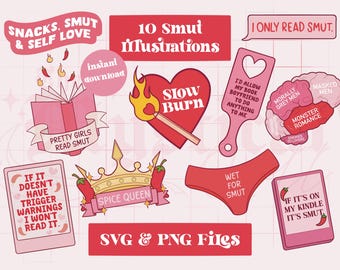 10 Smut PNG-Dateien, digitale Aufkleber Png, PNG SVG Download würzige Bücherwurm Png-Dateien Romantasy Aufkleber Smutty Bücher svg Bücherwurm Reifen