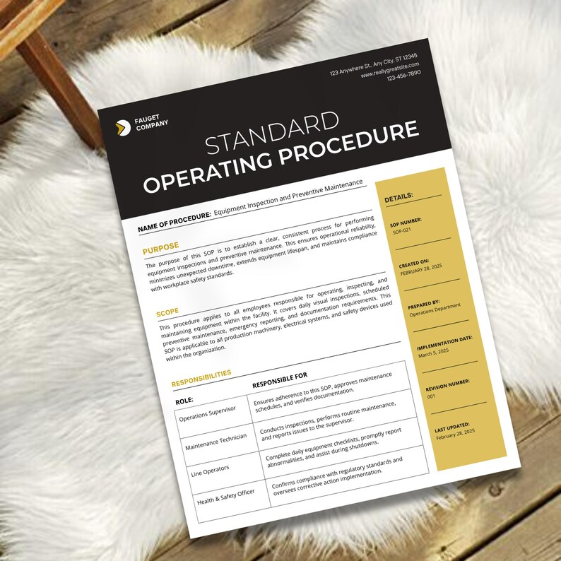 K&ouml;nnte beinhalten: Ein gedrucktes Dokument mit dem Titel &bdquo;STANDARD-BETRIEBSANWEISUNG&ldquo; von Fauget Company. Das Dokument ist schwarz, wei&szlig; und gelb und beschreibt die Ger&auml;tepr&uuml;fung und vorbeugende Wartung. Es enth&auml;lt Abschnitte zu Zweck, Umfang, Verantwortlichkeiten und Details.