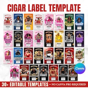 May include: A collection of thirty-four rectangular cigar label templates featuring diverse themes, vibrant color palettes, and various fonts. Each label includes the text Smoke Like Royalty and a caution box at the bottom, presented in a grid layout.
