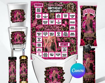 Adult Party Favor Bundle, Game Board, Shot Glass, Olit Hookah Pen Label, Party Bucket, Styrofoam Cups, Editable in Canva