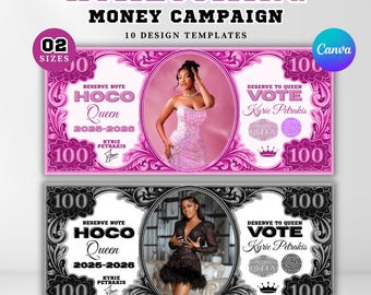 Dinero para la campaña de bienvenida, Reina del baile, Dinero falso editable, Billete de 100 para la fiesta de bienvenida, Dinero rosa "Vota por mí", Elecciones, Campaña, Imprimir y recortar