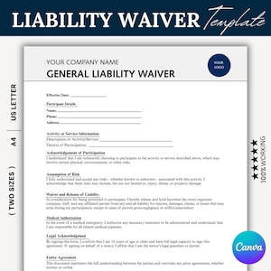 Simple Liability Waiver Agreement For All Purpose, One Page Liability Template, Editable Liability Contract, Client Intake, Canva Template