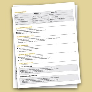 K&ouml;nnte beinhalten: Ein Stapel wei&szlig;er Papierdokumente mit Text. Die Dokumente umfassen Abschnitte f&uuml;r Revisionshistorie, Betriebsleiter, Wartungstechniker, Linienbediener, Gesundheits- und Sicherheitsbeauftragter, Sicherheit und Compliance.